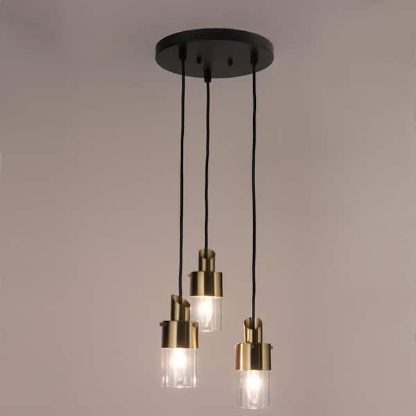 Zevni Coluse 3-Light Modern Black Chandelier, Transitional Brass Gold Adjustable Hanging Pendant with Cylinder Clear Glass