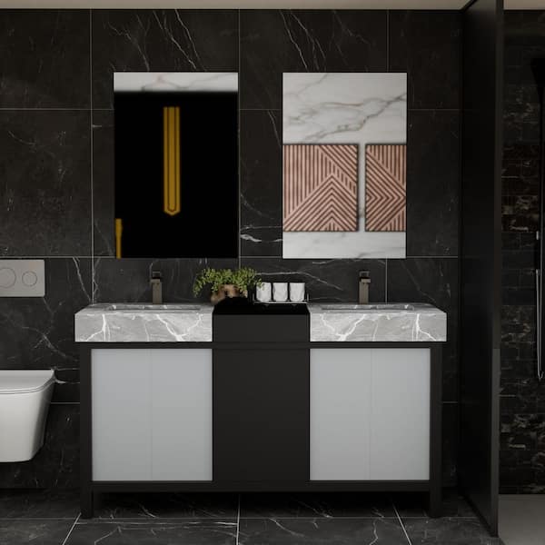 Zilara 60 in x 22 in D Black and Grey Double Bath Vanity, Castle Grey Marble Top and Gun Metal Faucet Set