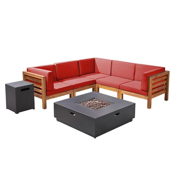 Noble House Malawi Teak Brown 7-Piece Wood Outdoor Patio Fire Pit Sectional Seating Set with Red Cushions