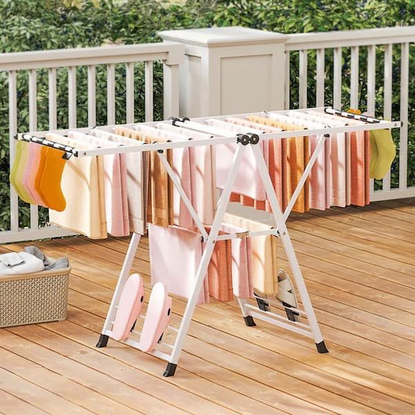 White 64 in. W x 22 in. D x 62 in. H Metal Free Standing Drying Rack with Height Adjustable Wings