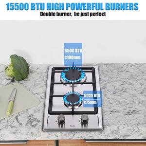 12 in. 2-Burners Recessed Gas Cooktop in Stainless Steel with Sealed-Burners, Melt-Proof Knobs, and LP Conversion Kit