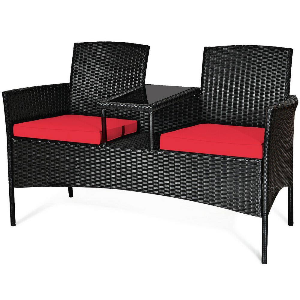 Compact Black Wicker Patio Loveseat with Red Cushions and Glass Table