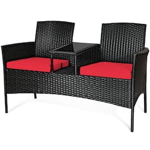 Black 1-Piece Wicker Outdoor Loveseat with Red Cushions and Built-In Table