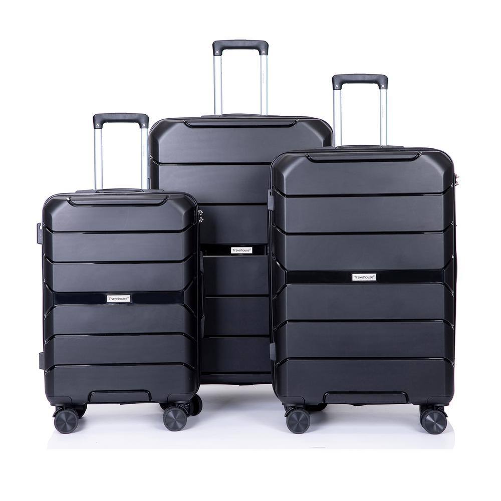 Black- 3 pcs Silver 3 Pcs Luggage Set Trolley Spinner Lightweight Durable Suitcase Hardshell W/3 Covers & 2 Coat Hangers 