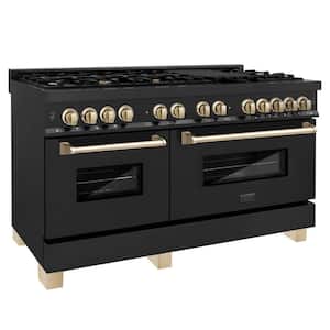 Autograph Edition 60 in. 9 Burner Double Oven Dual Fuel Range in Black Stainless Steel and Polished Gold