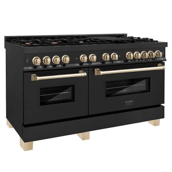 ZLINE Kitchen and Bath Autograph Edition 60 in. 9 Burner Double Oven Dual Fuel Range in Black Stainless Steel and Polished Gold