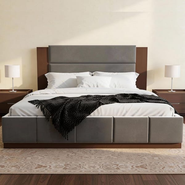 Gray Rubber Wood Frame King Platform Bed with Extended Wood Headboard and Wood Base