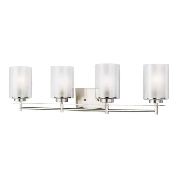 Generation Lighting Elmwood Park 31.25 in. 4-Light Brushed Nickel Modern Transitional Bathroom Vanity Light with Satin Etched Glass Shades