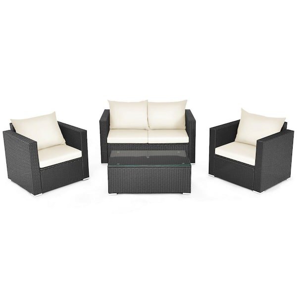 FORCLOVER 4-Piece Wicker Patio Conversation Set with White Cushions