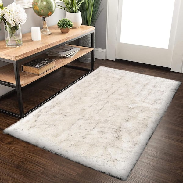 White/Gray 3 ft. x 5 ft. Sheepskin Faux Furry Cozy Area Rug