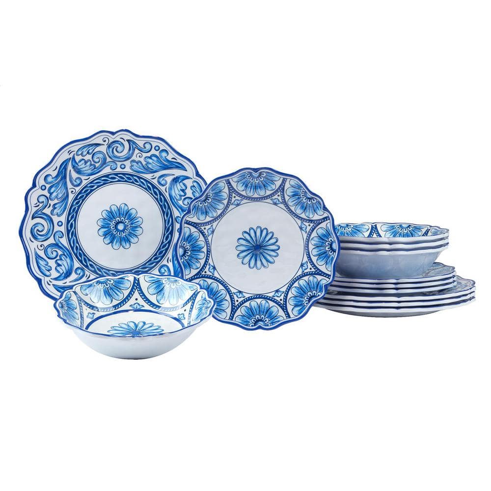 Blue and White Floral Melamine Dinnerware Set, Service for 4