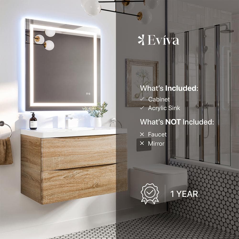 Eviva Smile 36" White Oak Wall-Mount Bathroom Vanity with Acrylic Sink
