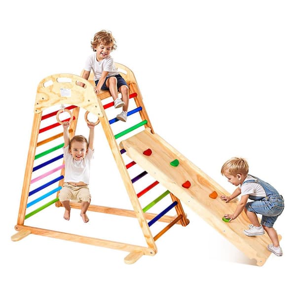 Indoor Playground Jungle Gym, 4-in-1 Wooden Indoor Playground Playset with Climbing Rock, Slide, Wooden Ladder, 220 lbs.