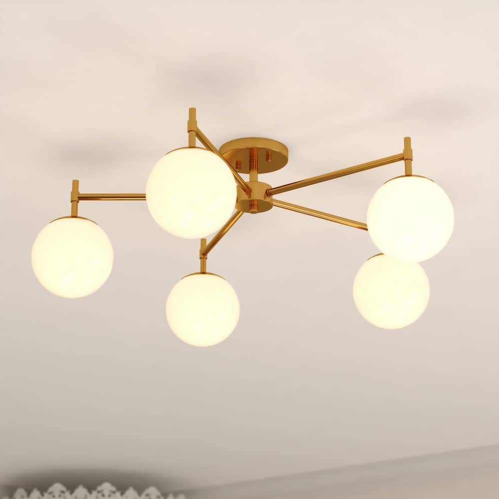 Armitage 5-Light 32 in. Wide Muted Brass Gold Mid-Century Modern Globe Semi Flush Mount Lighting Fixture price history on PriceWatchPro