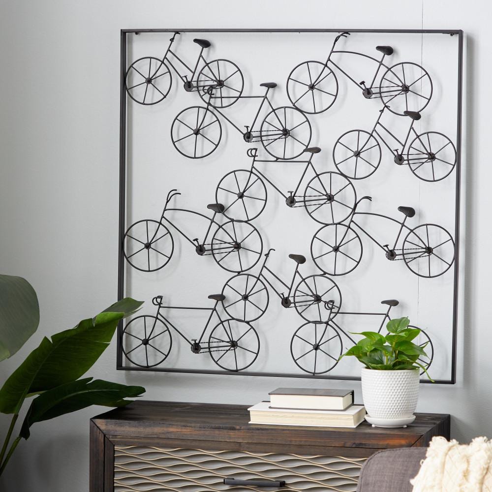 Black Iron Bicycle Wall Sculpture with Square Frame
