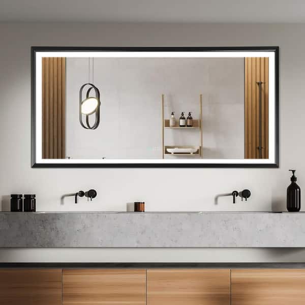 HBEZON Metis 84 in. W x 48 in. H Oversized Rectangular Aluminium Framed Dimmable Anti-Fog Wall Bathroom Vanity Mirror in Black