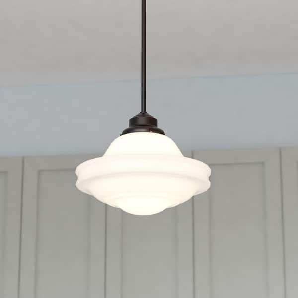 Huntley 1-Light Bronze Farmhouse Schoolhouse Pendant White Glass