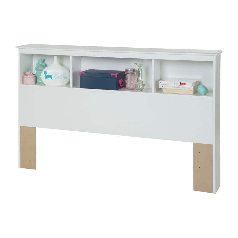 Full White Wood Bookcase Headboard with Storage