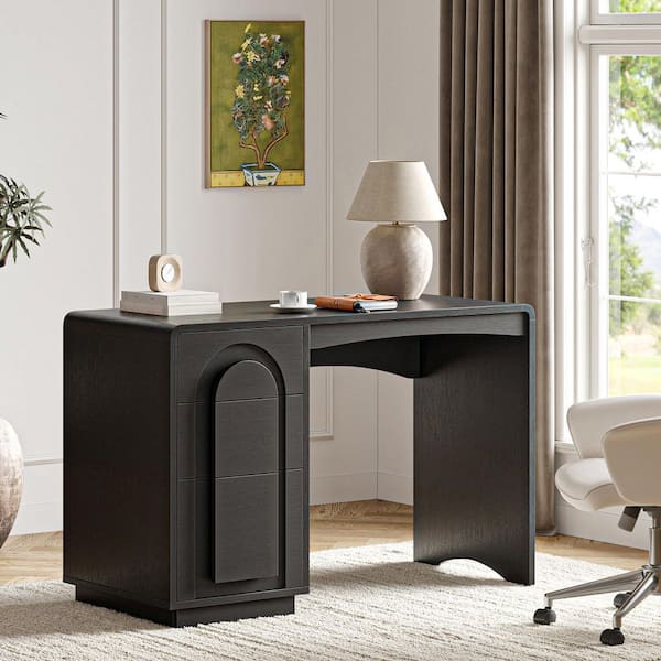 47 in. Black Writing Desk with Arched Accents, 3-Drawer Office Desk with File Storage and Curved Waterfall Edge