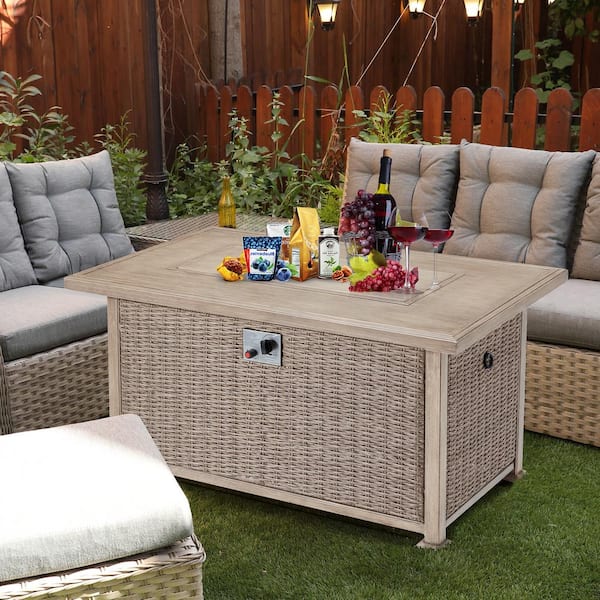 Cesicia 50 in. Grey Rectangular Wicker Outdoor Fire Pit Table