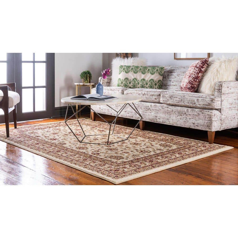 Ivory and Gold Rectangular Floral Synthetic Area Rug