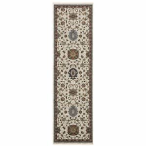 Beige Rust Red Blue Gold and Grey 2 ft. x 8 ft. Oriental Power Loom Stain Resistant Fringe with Runner Rug