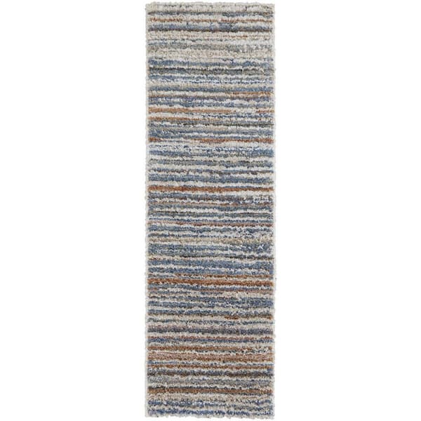 HomeRoots 2 ft. x 8 ft. Ivory, Blue Striped Runner Rug