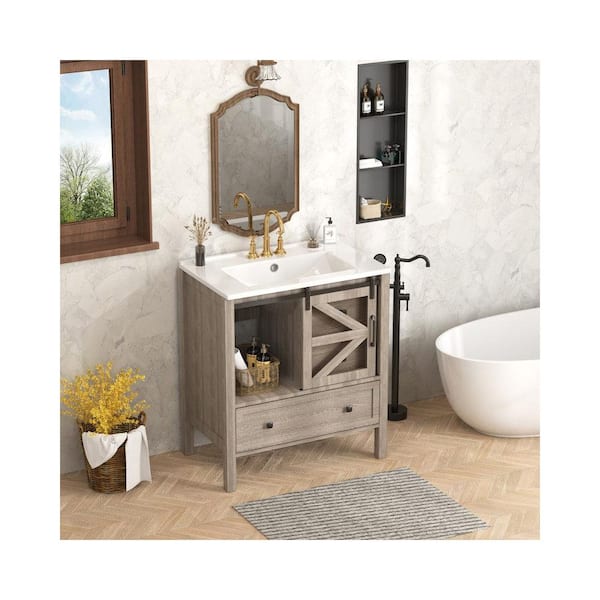 30 in. Sink Freestanding Glass Wood Barn Door Bath Vanity with White Ceramic Top Unassembled, Rustic Sliding Cabinet