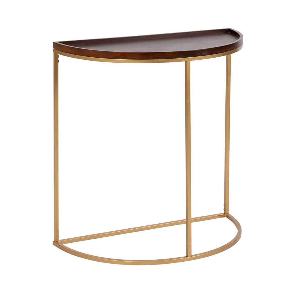 Walnut Brown and Gold Half-Circle Console Table with Storage