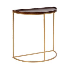 Dorrah 28 in. Walnut Brown and Gold Half-Circle Wood and Metal Mid Century Modern Console Table