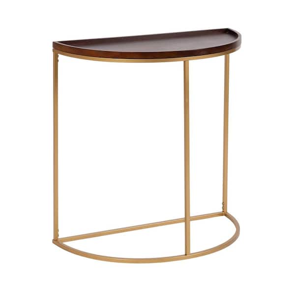Kate and Laurel Dorrah 28 in. Walnut Brown and Gold Half-Circle Wood and Metal Mid Century Modern Console Table