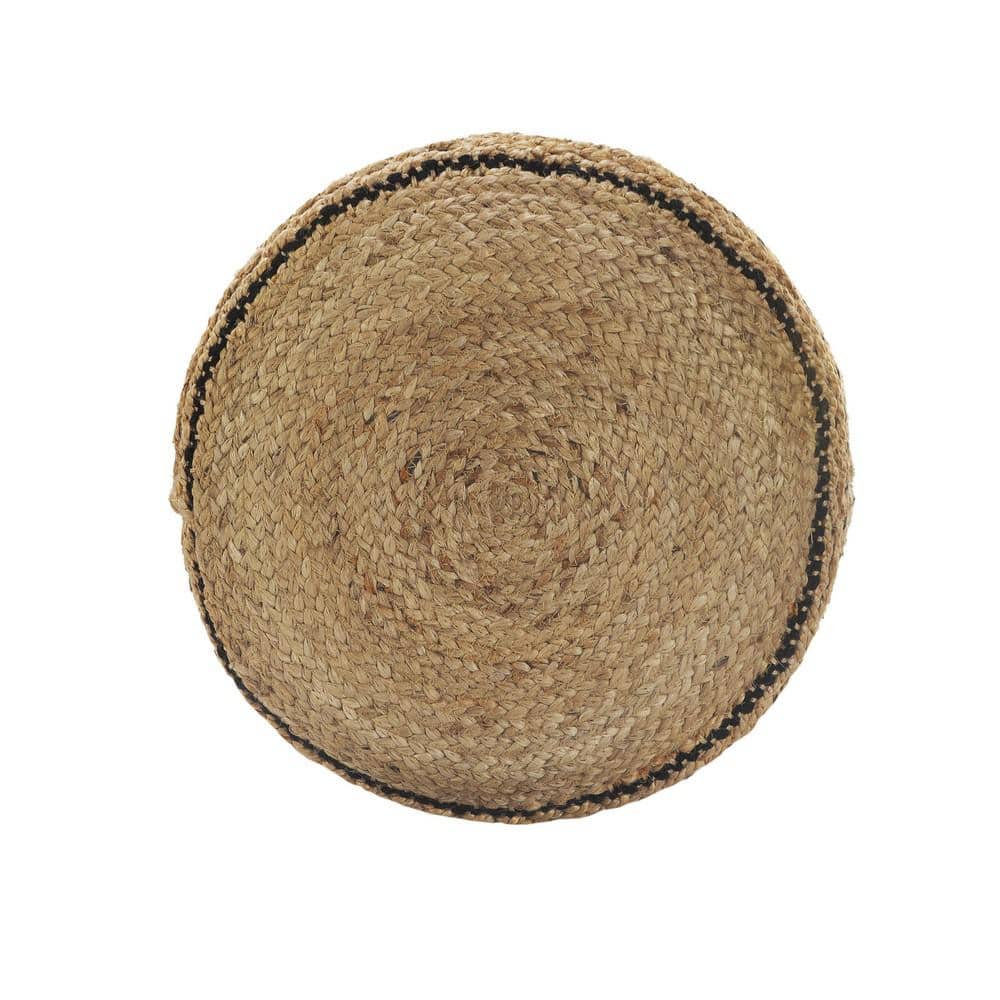 Tan and Black Hand-Woven Jute Cotton Round Pouf