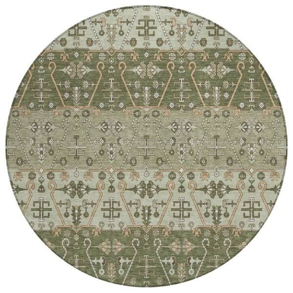 Chantille Machine Washable Indoor/Outdoor Abstract ACN2858 Olive 8 ft. x 8 ft. Round Rug