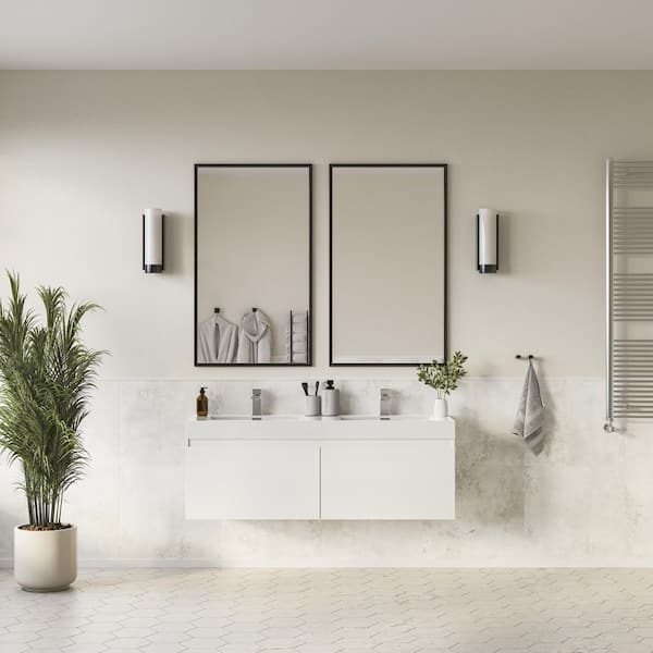 Mezzo 60 in. Modern Wall Hung Bath Vanity in White with Double Vanity Top in White with White Basins