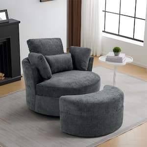 Gray Cotton Upholstered 360° Swivel Accent Barrel Chair with Storage Ottoman and Corduroy Pillows (Set of 1)