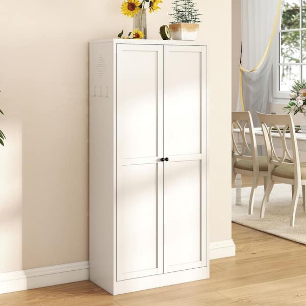 61 in. H White Metal Accent Cabinet with 4-Adjustable Shelves Heavy Duty Freestanding Pantry Organizer Pantry Cabinet