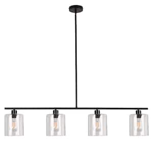 4-Light Matte Black Linear Island Pendant Light with Clear Glass Shades, Modern Chandelier