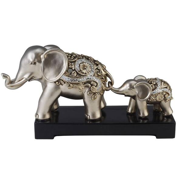 HomeRoots Specialty 6 in. Silver Polyresin Elephant Parent and Child Sculpture