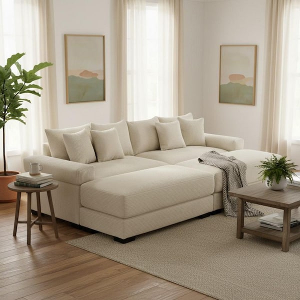 Homy Casa NBJBJT 92 in. Straight Arm 4-Piece Corduroy Modular Sectional Sofa with Ottoman and Ergonomic Design in Creamy Beige