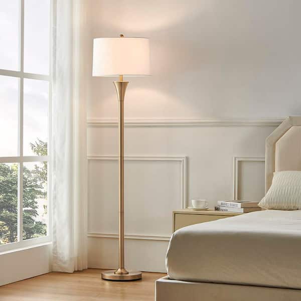 66 in. Champagne Gold Metal Standard Floor Lamp with White Linen Shade and On/Off Rotary Switch