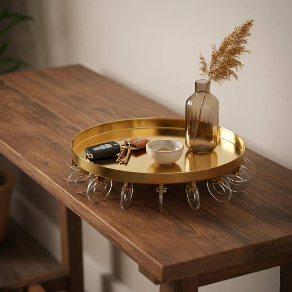 Gold 16 in. Round Metal Decorative Tray with Acrylic Ring Base