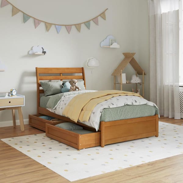 AFI Emelie Light Toffee Natural Bronze Solid Wood Frame Twin Platform Bed with Panel Footboard and Storage Drawers