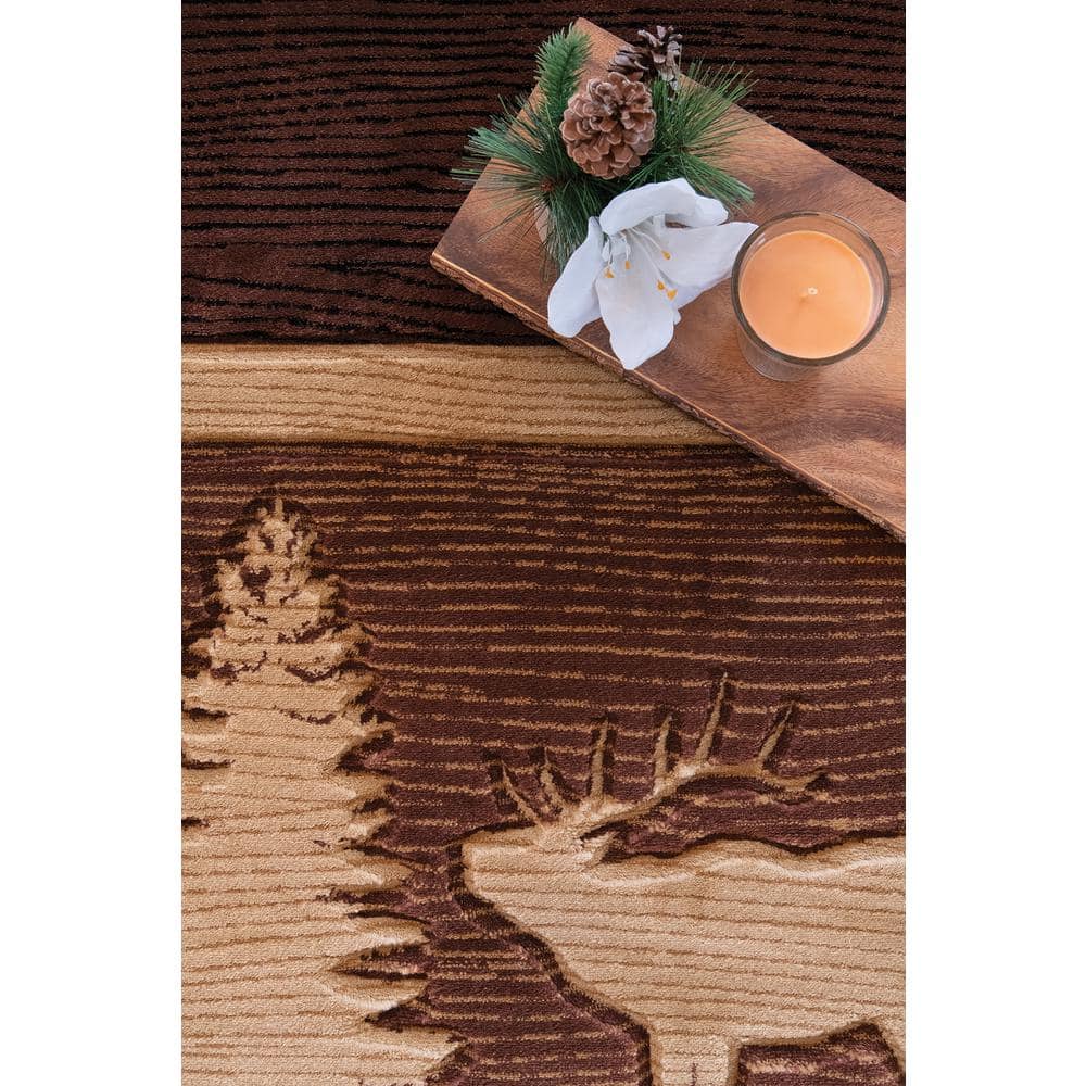 Hand-Carved Brown Lodge Rug with Deer and Tree Design, 31" x 50"