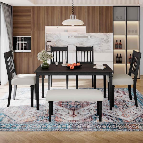 6-Piece Rectangle Gray Wood Top Dining Room Set Seats 6