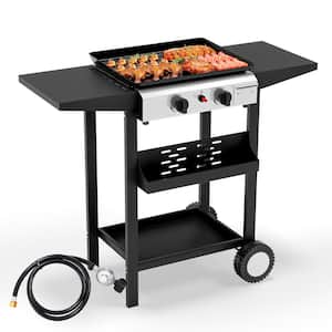 2 Burner Propane Grill 20000 BTU Flat Top Griddle with Auto-Ignition, Enameled Plate & Regulator for Outdoor Camping BBQ