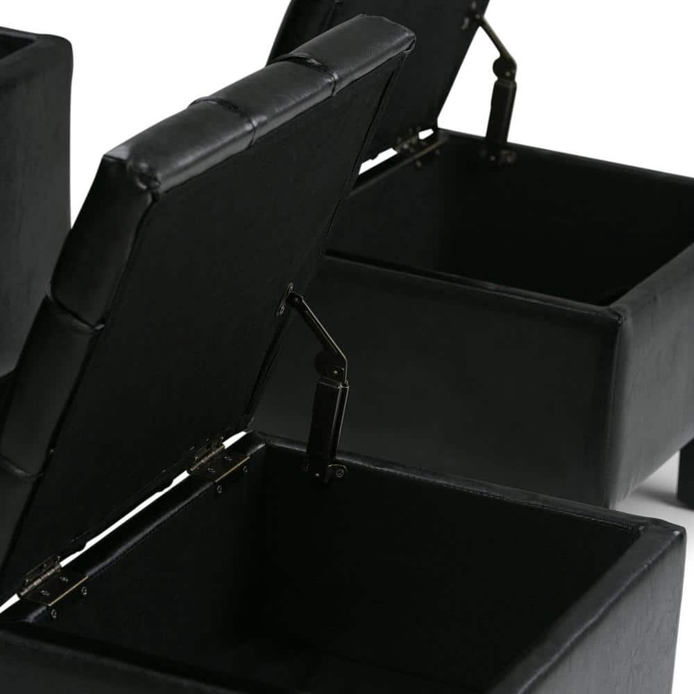 Dover Midnight Black Faux Leather 3-Piece Storage Ottoman Set
