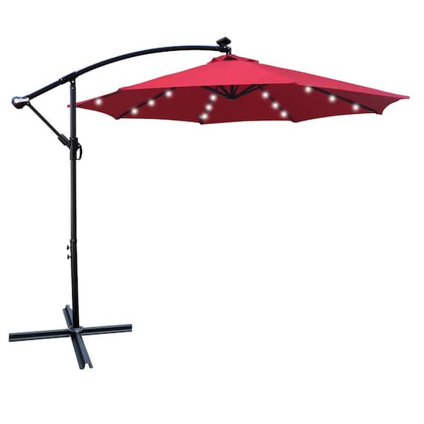 Angel Sar 10 ft. Steel Market Solar Powered LED Lighted 8 Ribs Patio Umbrella with Crank and Cross Base in Red