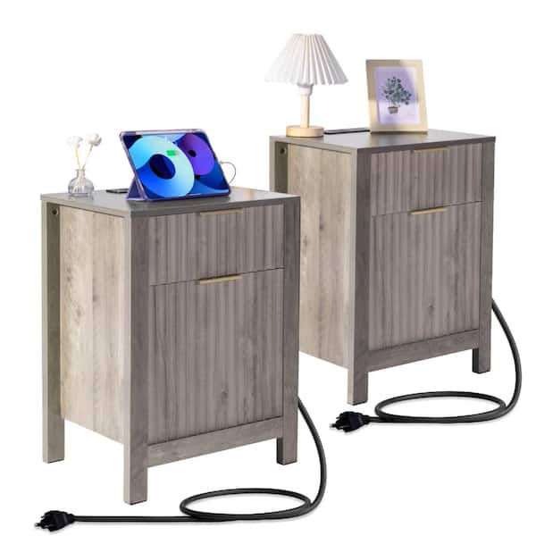 Set of 2 End Tables with Charging Station, 2-Drawer Nightstands with Cabinet, 3-Tier Storage, USB/Outlets