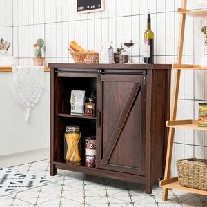 Brown Wood Sideboard Buffet 31.5 in. Kitchen Island Kitchen Storage Cabinet with Sliding Barn Door