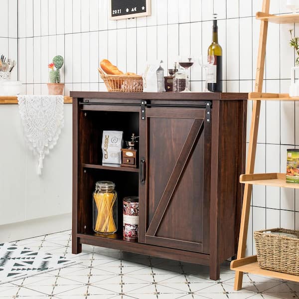 Bunpeony Brown Wood Sideboard Buffet 31.5 in. Kitchen Island Kitchen Storage Cabinet with Sliding Barn Door